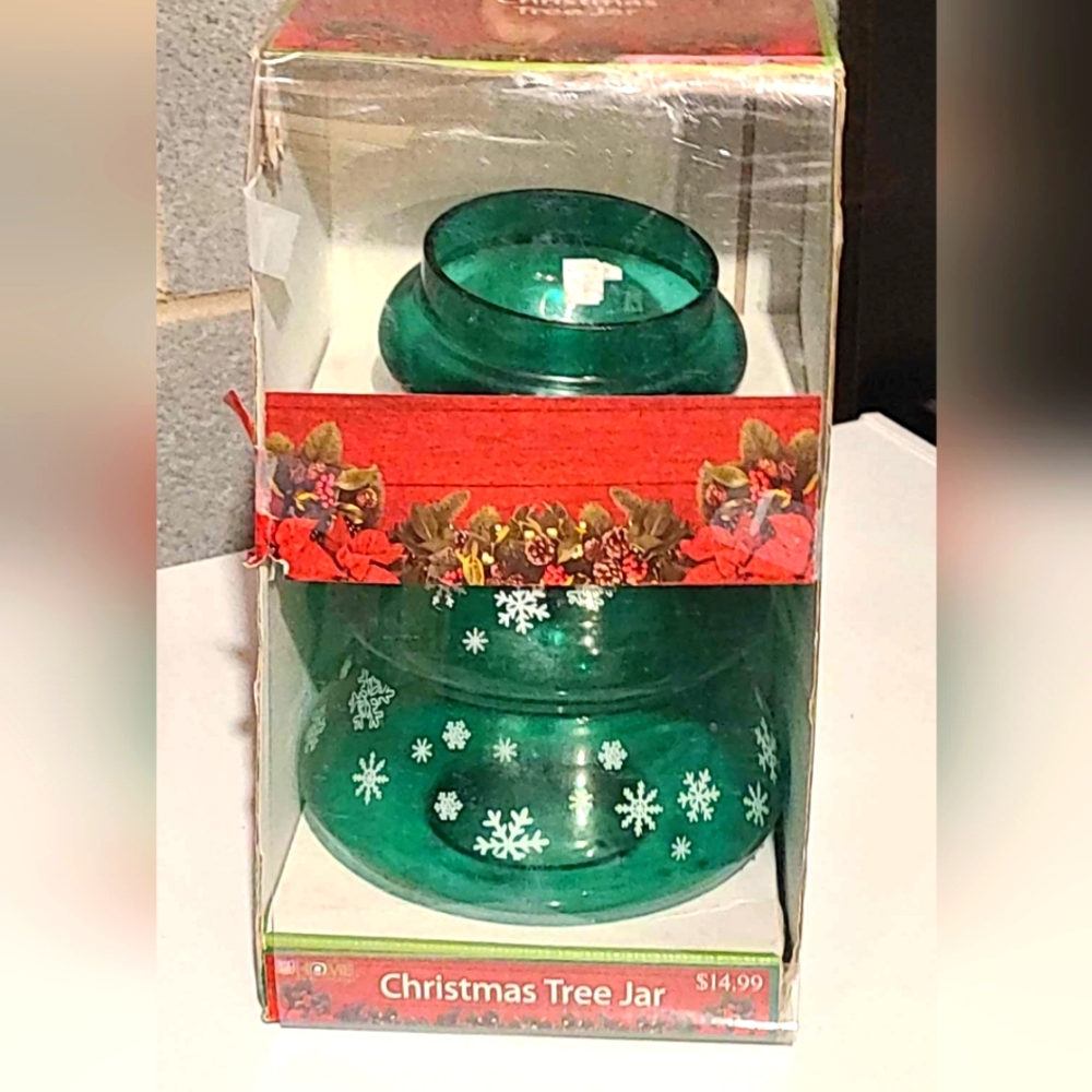 Vintage Glass Christmas Tree Cookie Candy Jar by Rite Aid, New In Box.